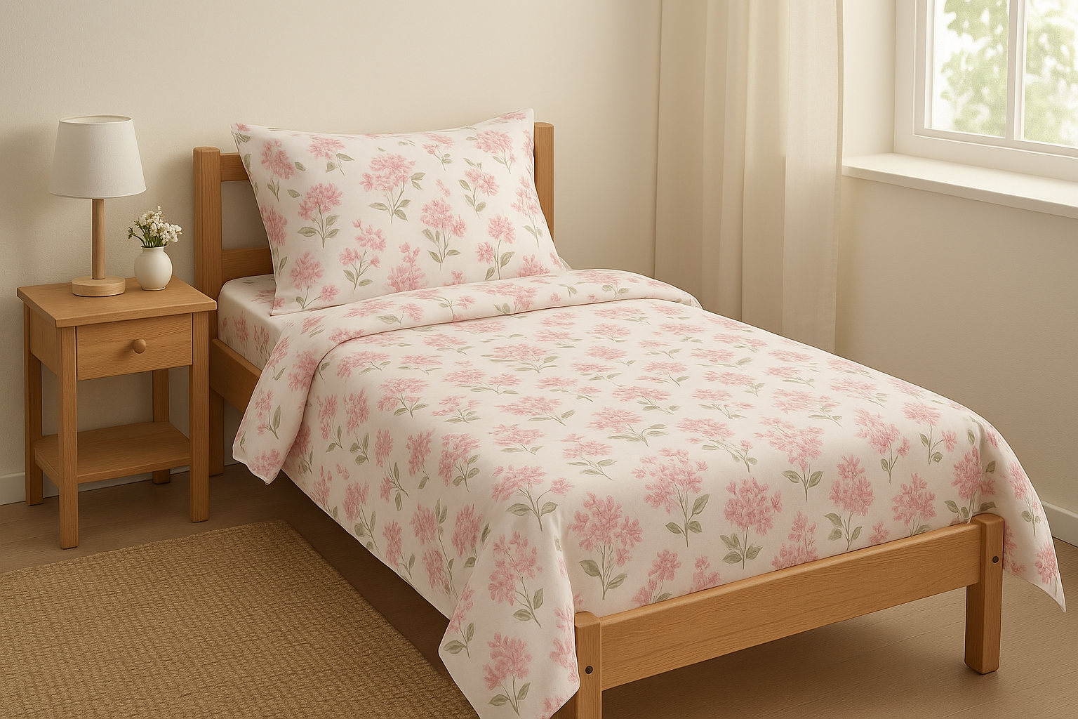 Jogo de Cama Solteiro Floral Rosa e Branco - 2 Peças