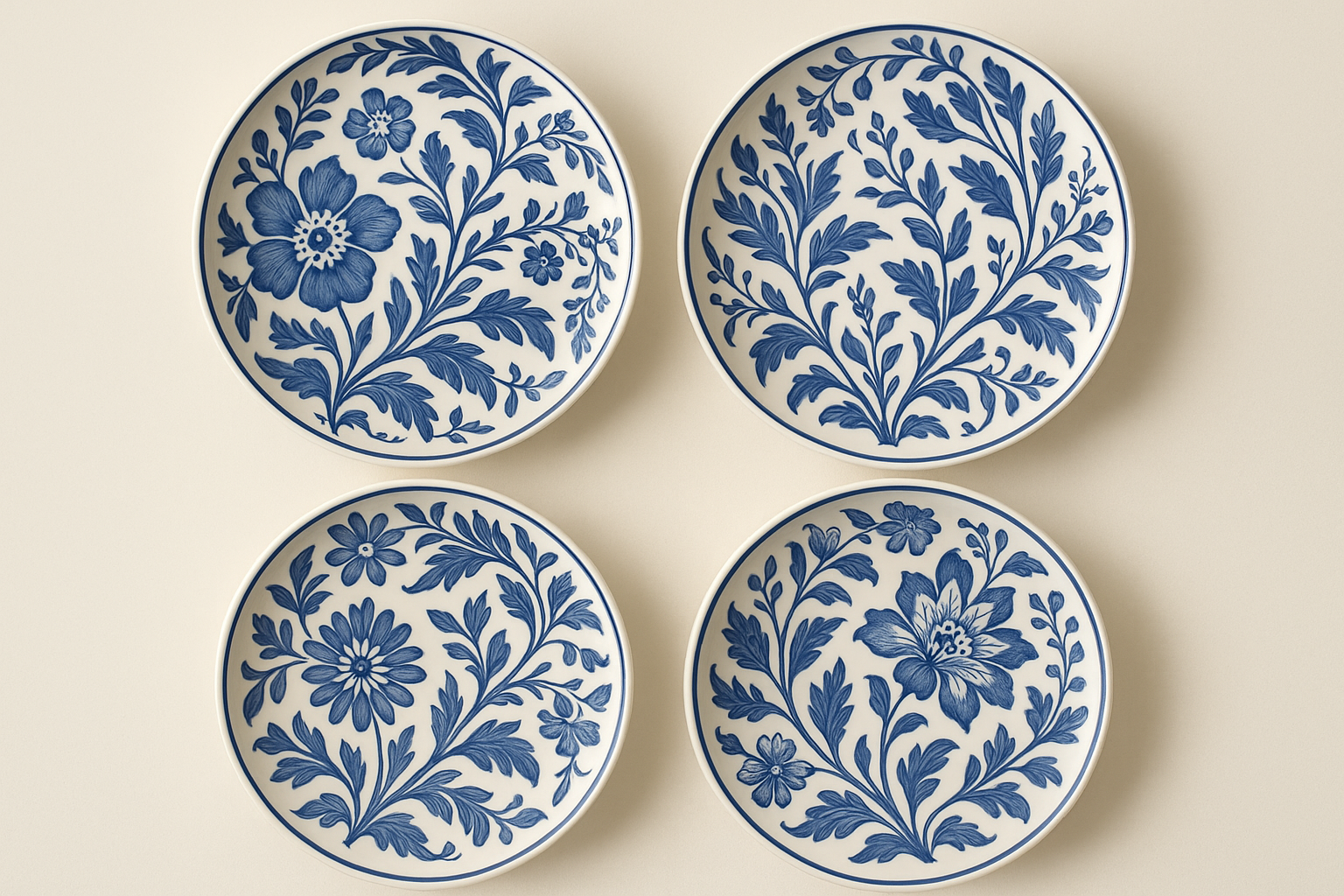 Conjunto 6 Pratos Decorativos Botânicos Azul - Cerâmica Artística