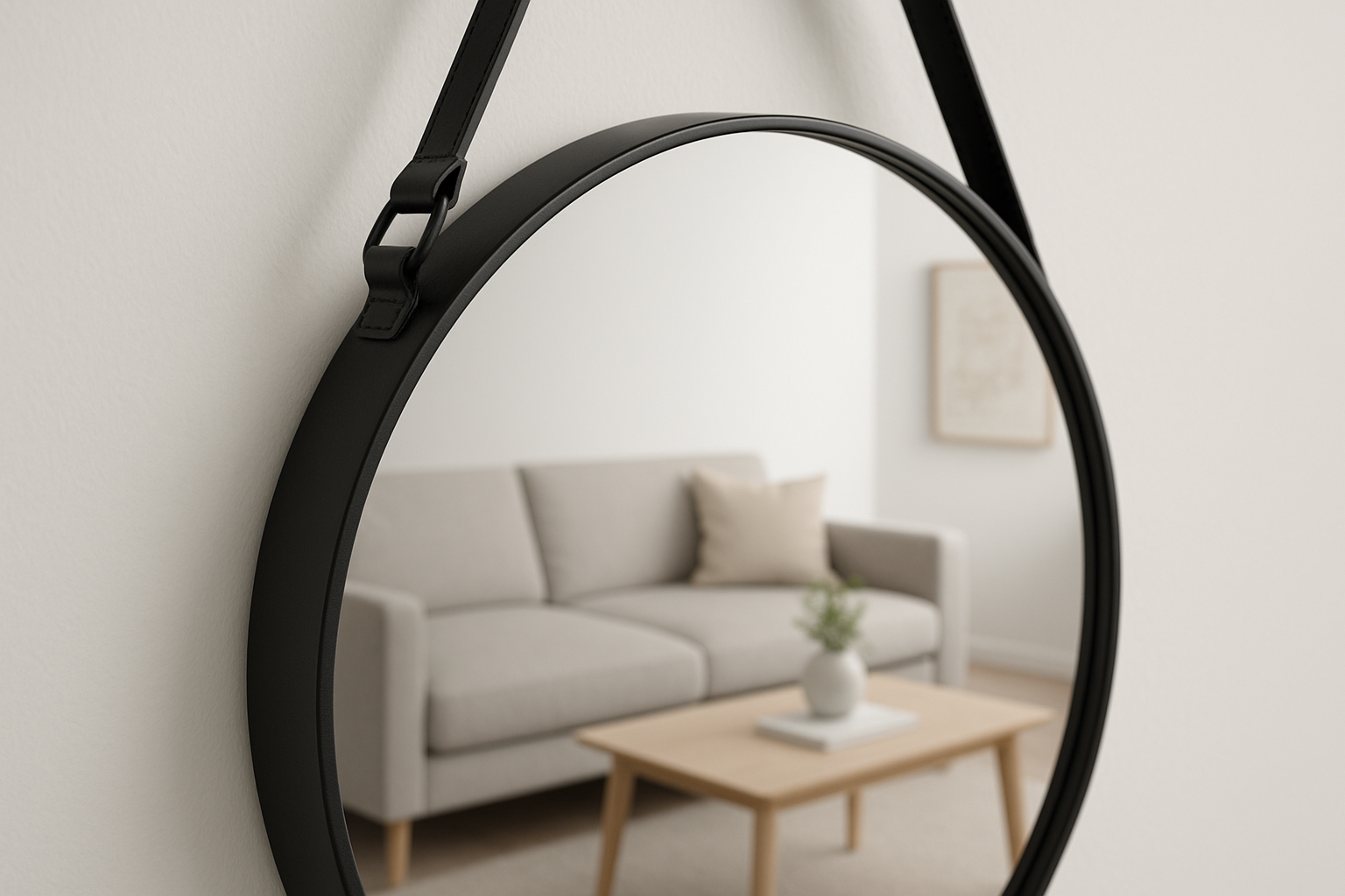 Espelho Decorativo Redondo 60cm Moldura Preta com Alça Couro