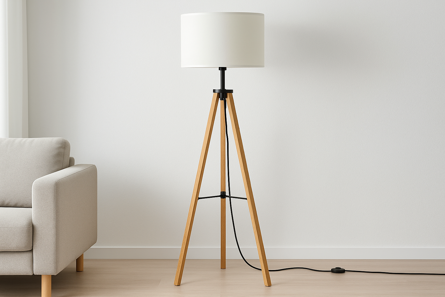 Abajur de Chão Tripé Madeira Natural com Cúpula Branca