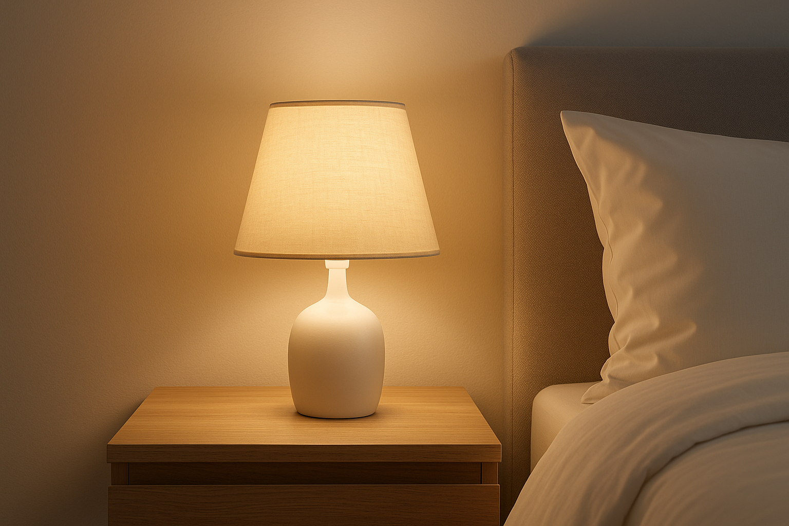 Abajur de Cabeceira Base Cerâmica Branca Cúpula Bege 35cm