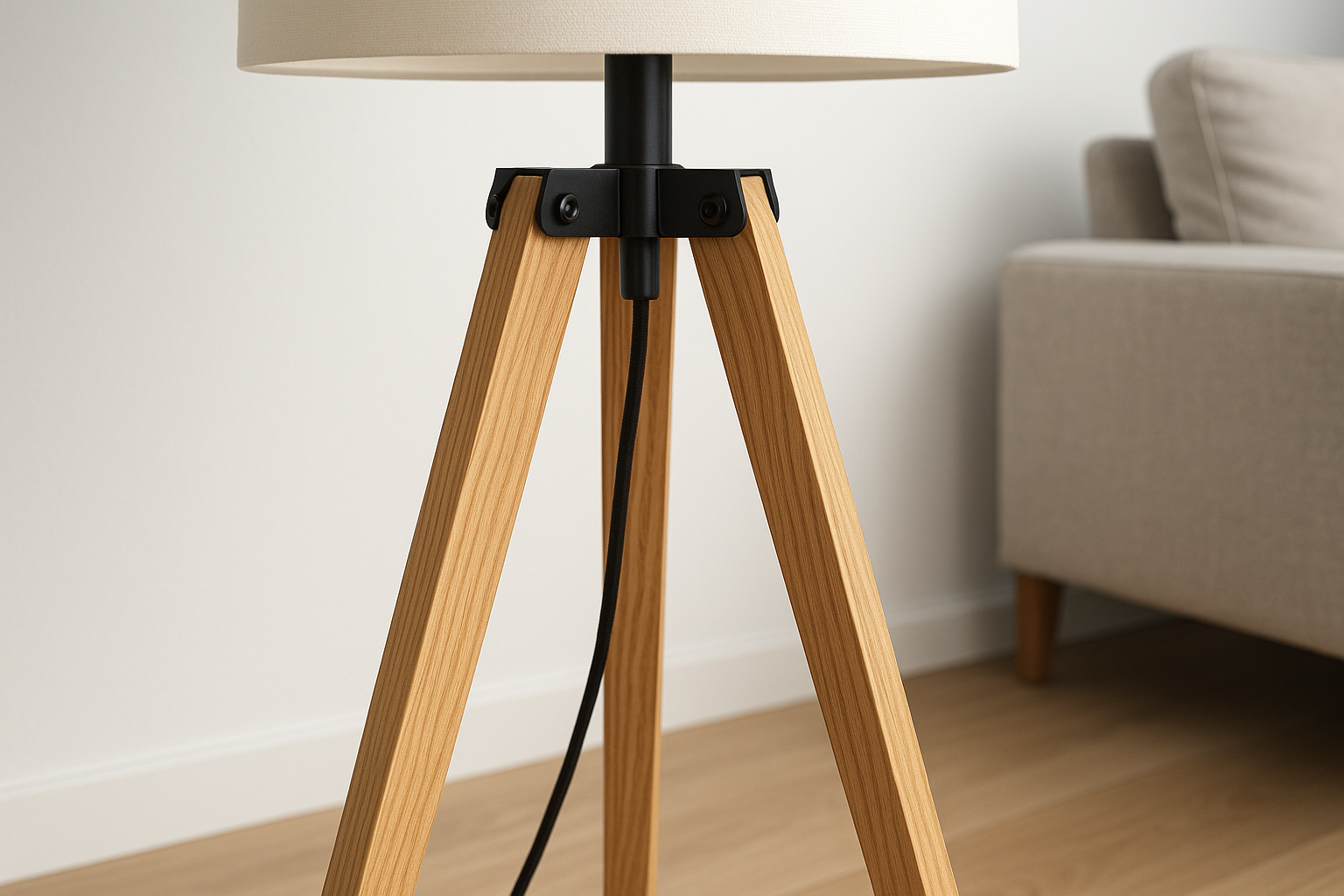 Abajur de Chão Tripé Madeira Natural com Cúpula Branca