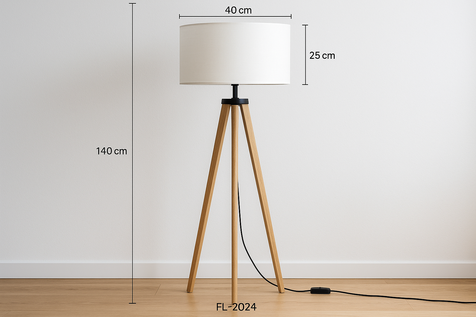 Abajur de Chão Tripé Madeira Natural com Cúpula Branca